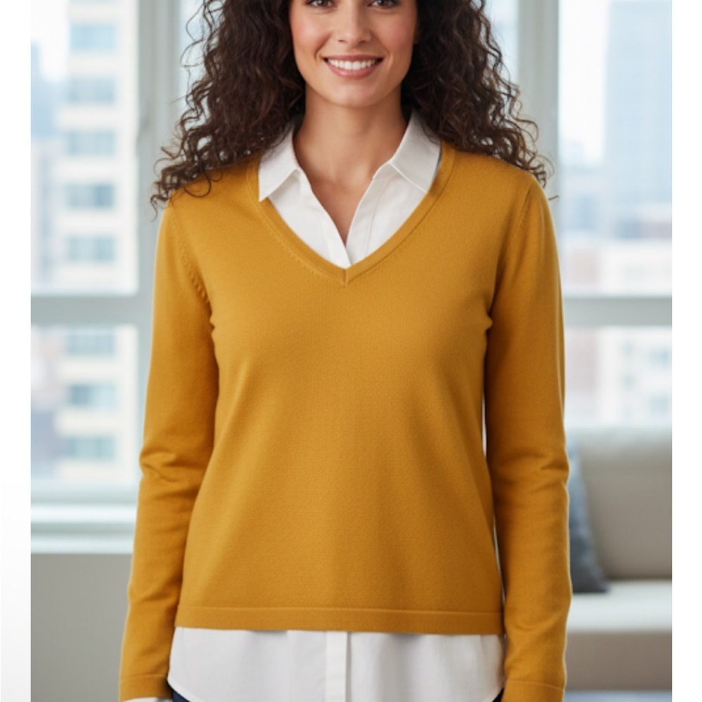 Carolyn Taylor Faux Layered Sweater Top S V-Neck Mustard Yellow Collared Preppy